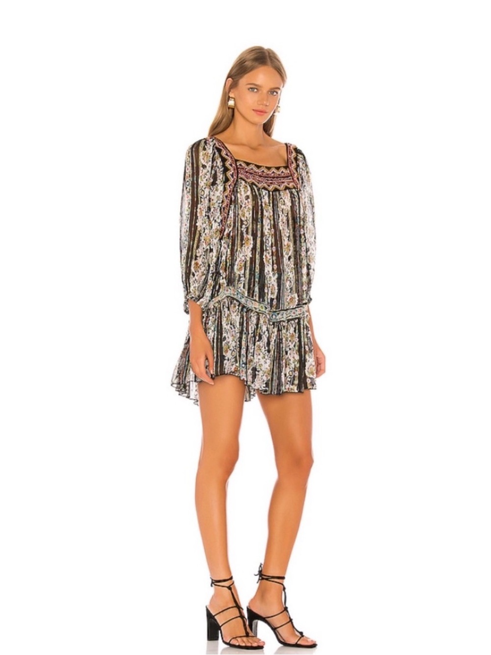 Free People Dance Magic Embroidered 3/4 Sleeve Tunic Metallic Dress - Picture 3 of 10